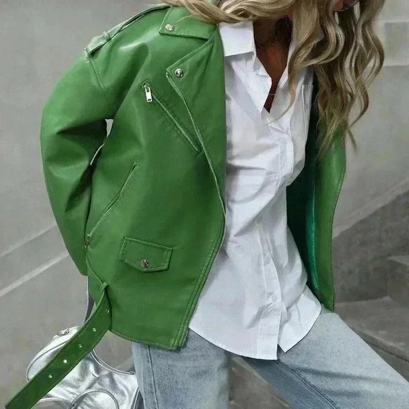 Green Casual Women's Stylish Woven Fabric Biker Jacket - Picture 1 of 7